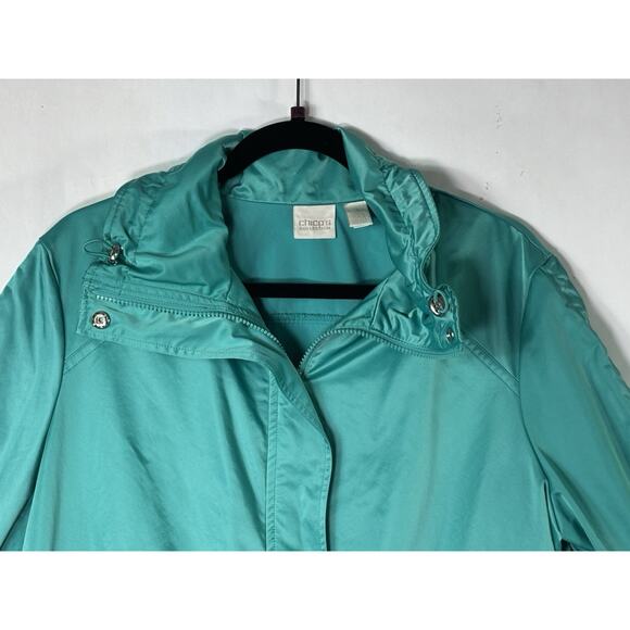 Chicos Collection Size XL (3) Teal Turquoise Full Zip Windbreaker Jacket Shiny - Picture 2 of 11